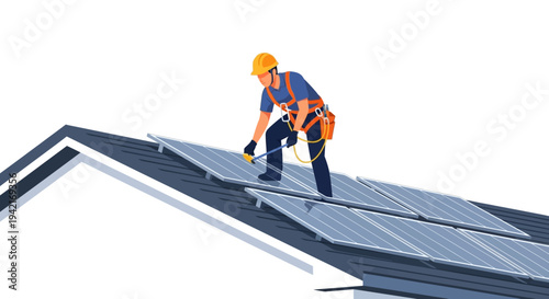 Roofing worker installing solar panels on rooftop.