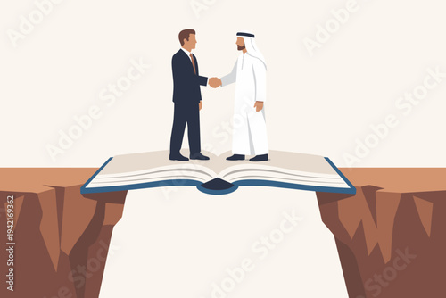 Western World Executive Shaking Hands with an Arab Businessman Standing on an Open Book Bridging a Deep Chasm, Representing Knowledge, Education, and Cultural Understanding in International Trade.