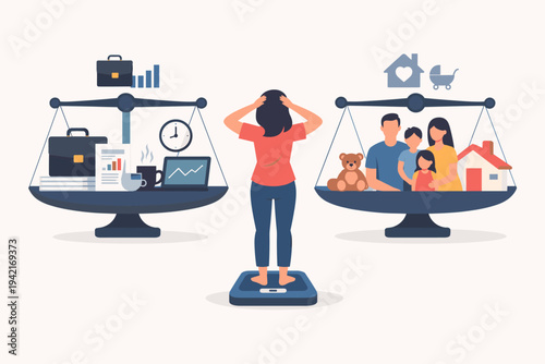 Stressed woman standing on a scale choosing between a busy business career and family life. Vector illustration of work-life balance, professional success versus personal happiness concept.