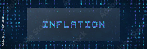 Digital finance inflation concept with pixelated text on abstract blue data grid background
