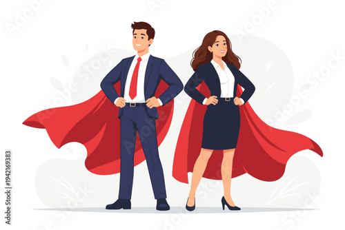 Successful Young Businessman and Businesswoman Wearing Red Capes Standing Confidently with Hands on Hips, Flat Vector Illustration of Professional Superheroes Representing Leadership and Power