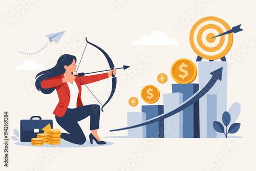 Businesswoman Aiming Bow and Arrow at Financial Success Target on Rising Bar Chart with Gold Coins and Growth Arrow, Concept of Strategic Investment, Goal Achievement, Wealth and Ambition.