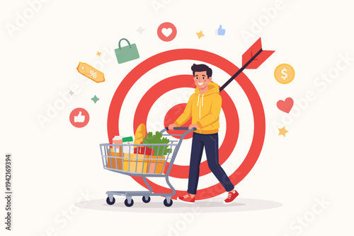 Targeted Marketing Concept Illustration Featuring a Man Pushing a Shopping Cart Full of Groceries in Front of a Large Bullseye Target with an Arrow, Representing Consumer Behavior and Sales Strategy.