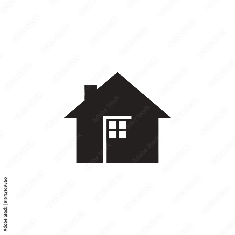Fototapeta premium Simple black house icon with a small window and chimney.