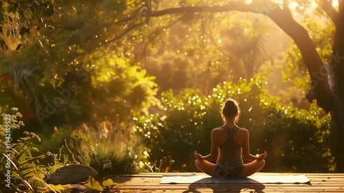 Person meditating in tranquil garden during sunset