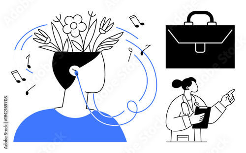 Mental wellbeing, music therapy, creativity, relaxation, work-life balance, modern healthcare. Stylized figure with music and flowers, doctor briefcase. Music therapy and mental wellbeing concept