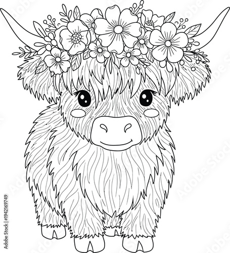 Cute Highland Cow with Flower Crown Coloring Pages for Kids