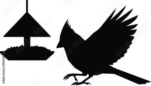 Vector cardinal bird approaching feeder with seeds silhouette design
