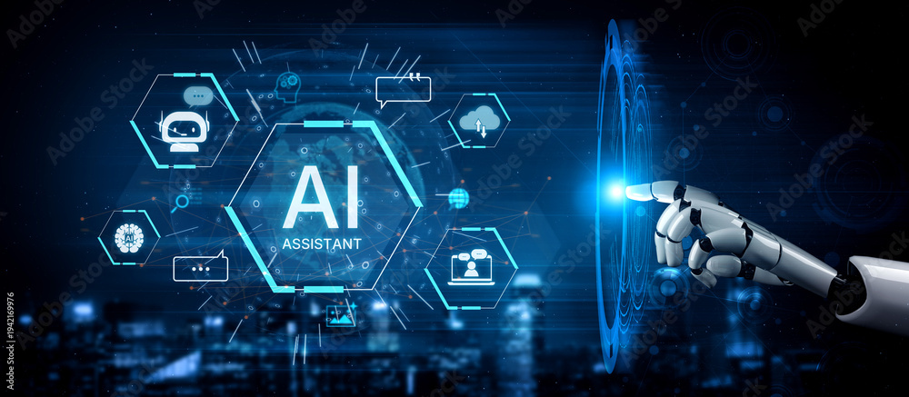 Naklejka premium A generative AI presents itself as a global virtual assistant. This system is designed to provide intelligent user support, manage data, and facilitate communication via chatbots. Fermion