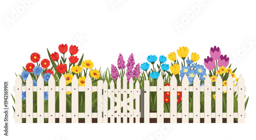 A picturesque white picket fence with an open gate frames a lush garden bursting with a vibrant array of colorful blooming flowers and rich green grass.