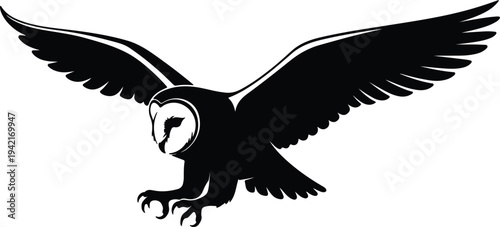 Vector flying barn owl silhouette in motion isolated on white background silhouette design