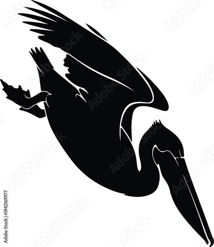 Vector flying pelican diving rapidly towards water icon silhouette design