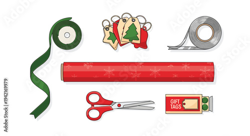 An organized flat lay showcases essential Christmas gift wrapping supplies, including red snowflake paper, green ribbon, red scissors, silver tape, and festive gift tags.