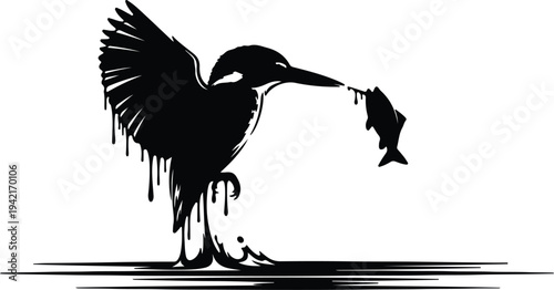 Vector kingfisher bird catching fish in water silhouette design