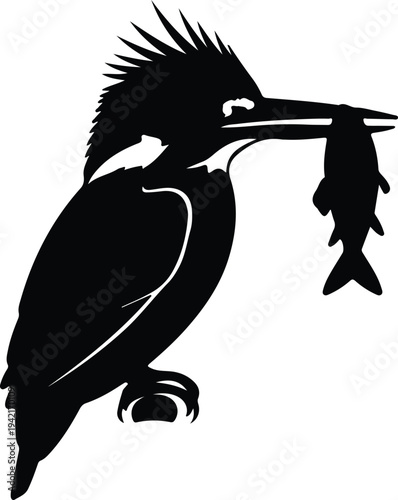 Vector kingfisher bird holding fish in beak silhouette design