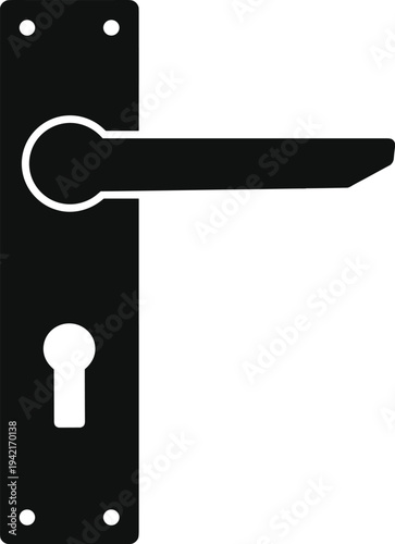 Minimal vector silhouette, door handle with rectangular plate, solid black, isolated on white background