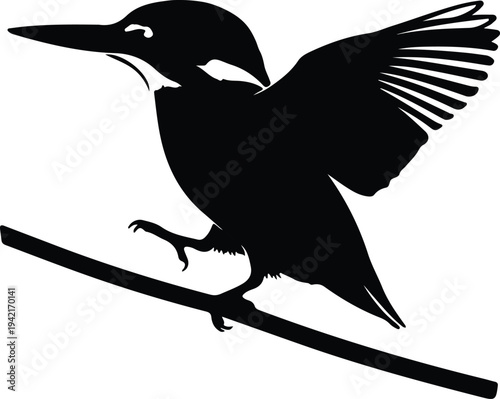 Vector kingfisher perched on branch silhouette design