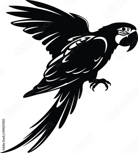 Vector macaw parrot flying wing spread exotic bird silhouette design