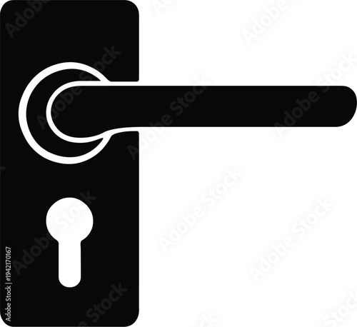 Minimal vector silhouette, door handle with rectangular plate, solid black, isolated on white background