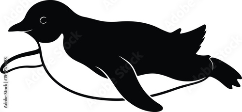 Vector minimalist swimming penguin in black and white silhouette design