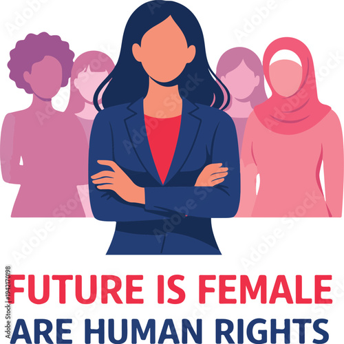 Future is Female Women Rights Concept Illustration – Woman Leader with Female Symbols Promoting Equality, Empowerment and Gender Rights