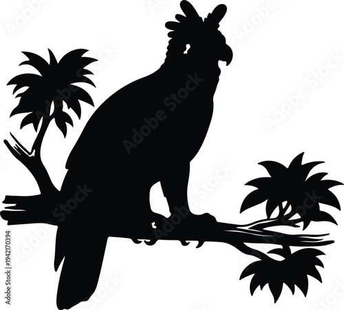 Vector silhouette of exotic bird perched on tropical tree branch design