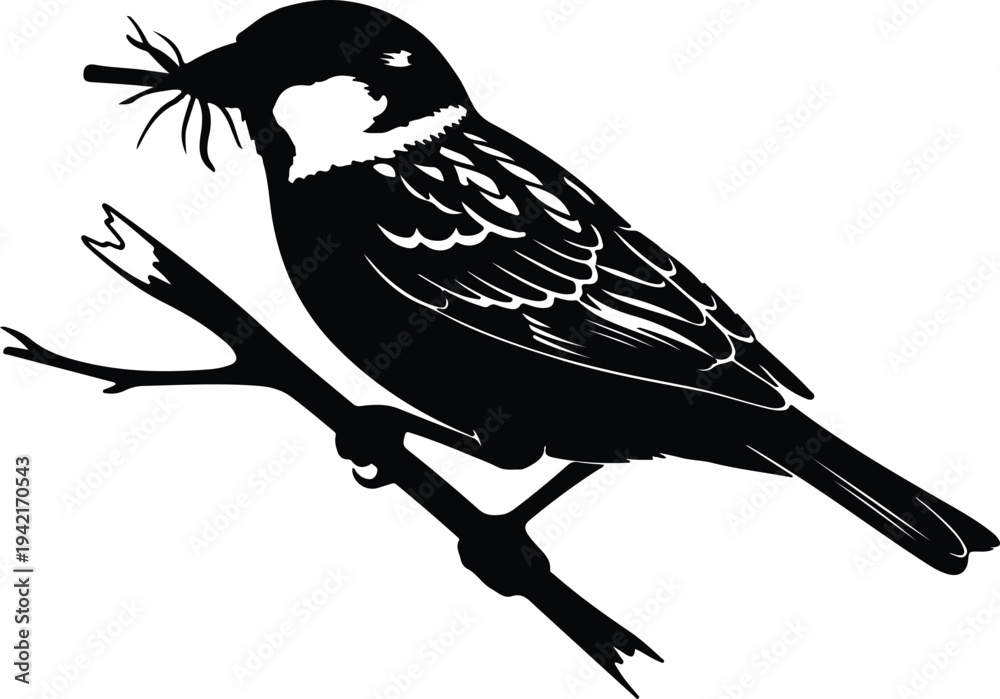 Obraz premium Vector sparrow bird holding nesting material on a branch silhouette design