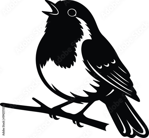 Vector singing robin bird perched on a branch silhouette design