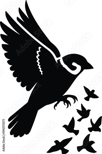 Vector sparrow flying with small birds freedom concept silhouette design