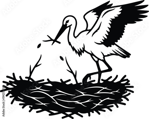 Vector stork building nest with sticks silhouette design