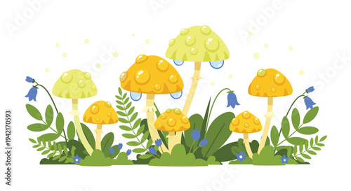 A whimsical cluster of seven yellow and light green mushrooms, covered in clear water droplets, emerges from lush green foliage with delicate blue bellflowers on a soft white background.