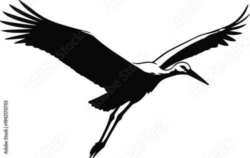 Vector white stork in flight with wings spread silhouette design