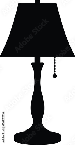 Minimal vector silhouette, table lamp with lampshade and base, solid black, isolated on white background.