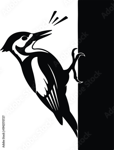 Vector woodpecker climbing tree trunk abstract silhouette design