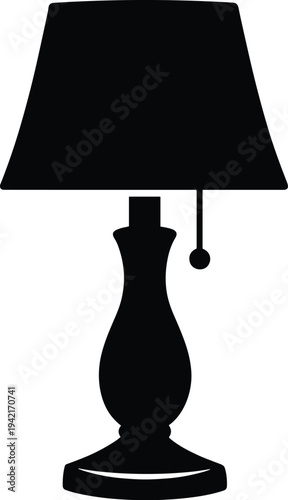 Minimal vector silhouette, table lamp with lampshade and base, solid black, isolated on white background.