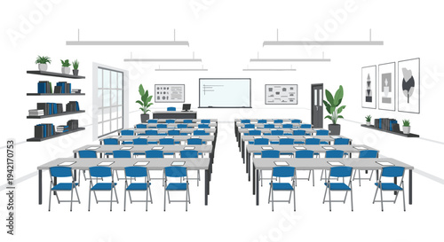 An empty modern classroom with multiple rows of light grey desks and bright blue chairs is arranged neatly within a white-walled room.
