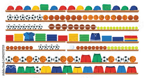Multiple horizontal wooden shelves are packed with an assortment of sports merchandise, including various balls, folded apparel, and caps.