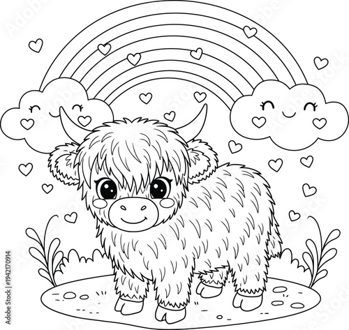Cute Highland Cow Coloring Pages for Kids with Rainbow and Barn Window