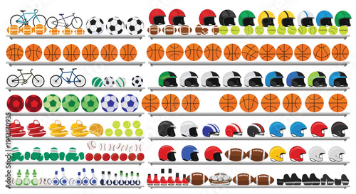 Numerous horizontal grey shelves are densely stocked with a wide array of sports equipment, featuring bicycles, various balls, and colored helmets.