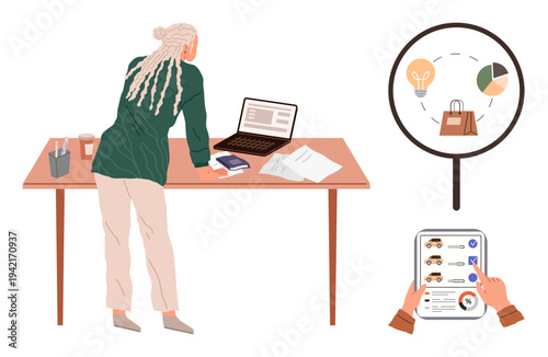 Market research, data management, e-commerce strategy, online shopping, business planning, digital marketing. Woman at desk with laptop and documents, magnifying glass with icons. Market research