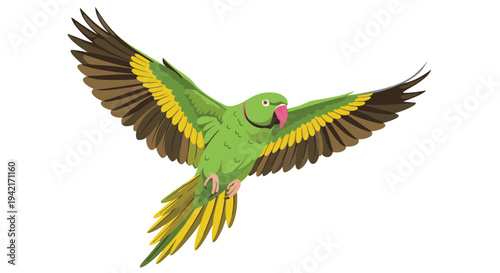 A vibrant green parrot with a prominent pink beak and yellow-brown wings is dynamically illustrated in flight against a pristine white background.