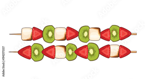 Two identical fruit skewers, each featuring vibrant red strawberries, bright green kiwi slices, and toasted marshmallows, are neatly arranged horizontally on a clean white background.
