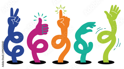 Flexible colorful arms with hand gestures popping from circular holes