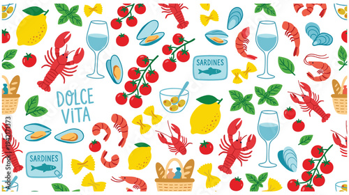 Italian seafood and pasta seamless pattern with lobster and tomatoes