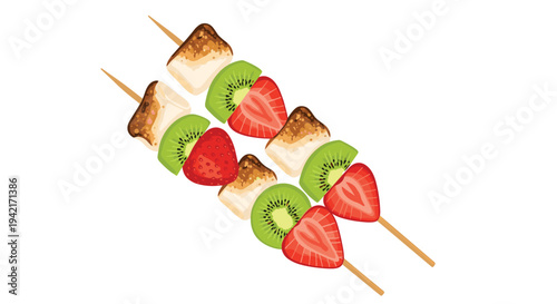Two appealing fruit skewers, featuring vibrant red strawberries, bright green kiwi slices, and toasted marshmallows, are dynamically arranged diagonally on a clean white background.