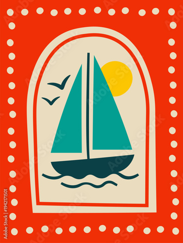 Sailboat Under Sun Retro Poster