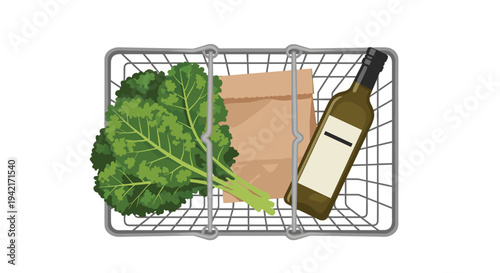 A silver wire shopping basket is viewed from directly above, holding a large bunch of dark green kale, a plain brown paper bag, and a dark green glass bottle of olive oil.