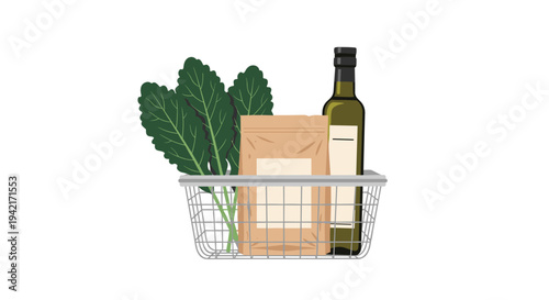 A silver wire shopping basket contains a bunch of dark green kale, a plain brown paper bag, and a dark green glass bottle of olive oil from a front perspective.
