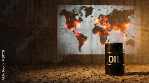 Global energy crisis oil war concept Oil Barrel Against World Map Projection with Light Effects
