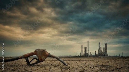 Global energy crisis oil war concept Fuel Pump Lying on Dry Ground with Industrial Landscape Background
